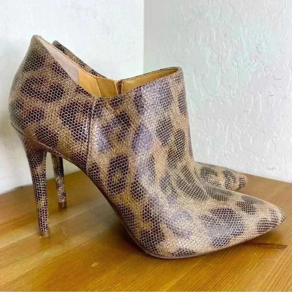 Jessica Simpson New Luela Bronze Leopard Shimmer Pointed Toe Stiletto Bootie 9M